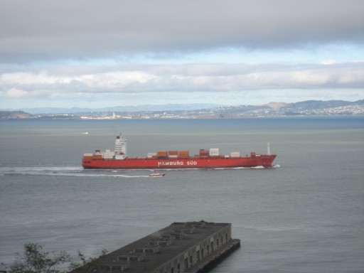 red ship on bay